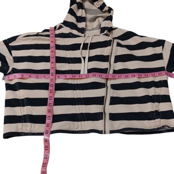 LOFT Lightweight Jacket S Moto Zip Hoodie Cotton Blue Cream Striped Coastal Trip - Picture 5 of 10